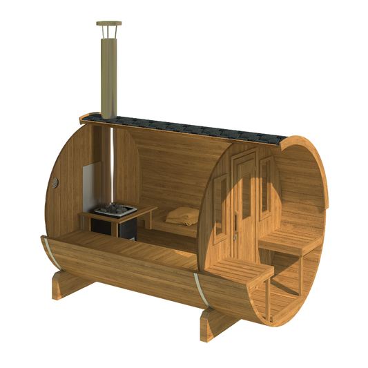 charnia 250 plus 4 person outdoor barrel sauna with terrace product exterior view