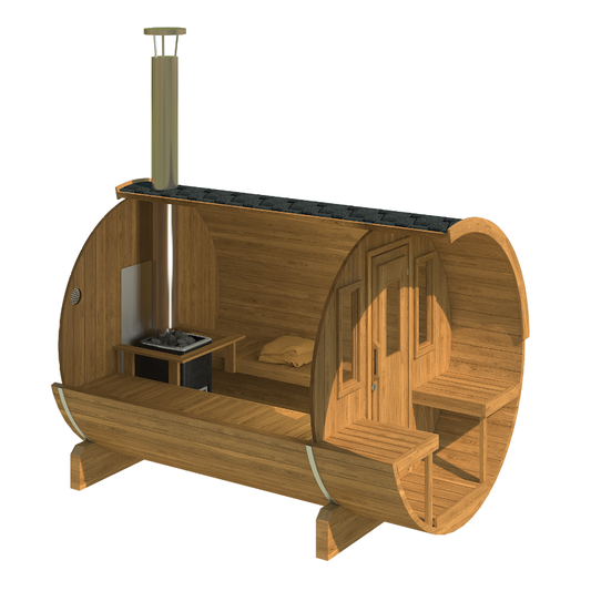 charnia 280 classic 6 person outdoor barrel sauna with terrace product exterior view