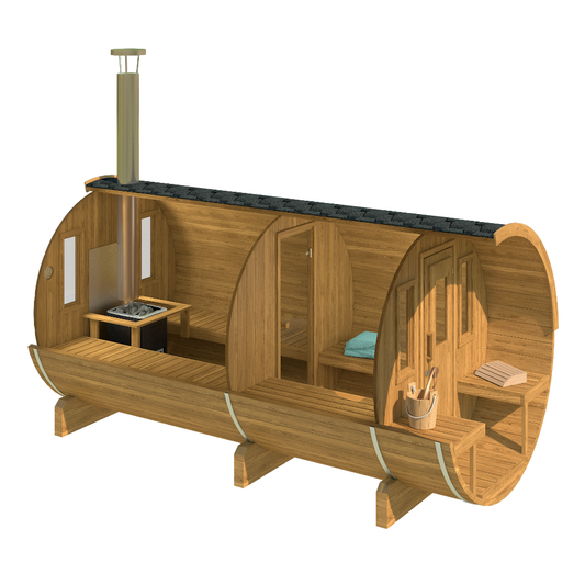 charnia 400 pro 6 person outdoor barrel sauna with terrace changing room product exterior view