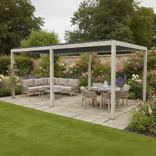 nova titan aluminium pergola 3m x 3m square wood look product exterior view — view 2