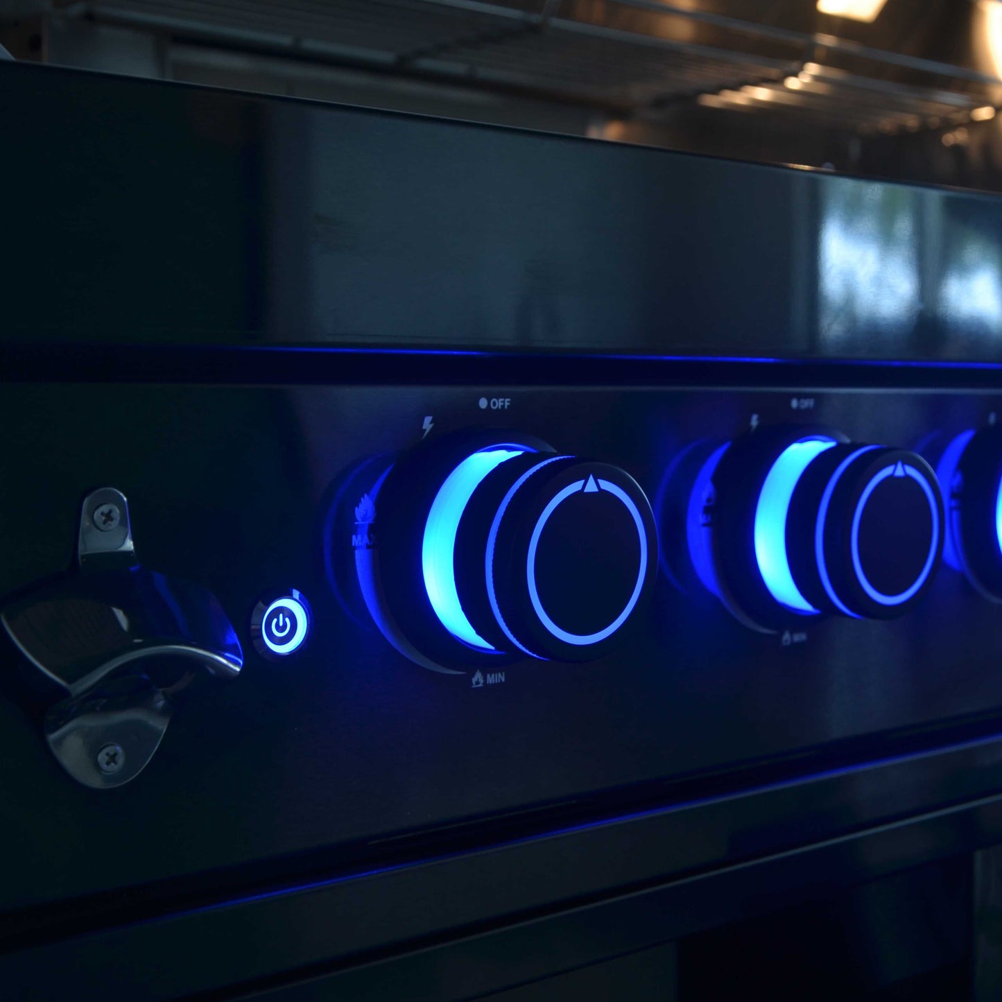 Stainless steel oven with blue LED control panel
