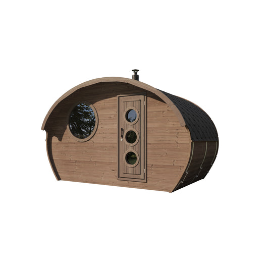 Oval Sauna Frodo 240 — Standard Depth Thermowood Garden Sauna — thermowood — angle view 1