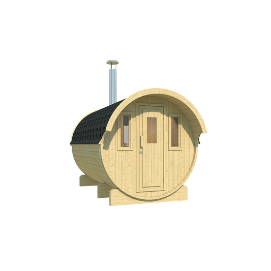 Barrel Sauna 330 with Overhang — Spruce Sauna, Sheltered Entrance 3.3m — spruce — angle view 1
