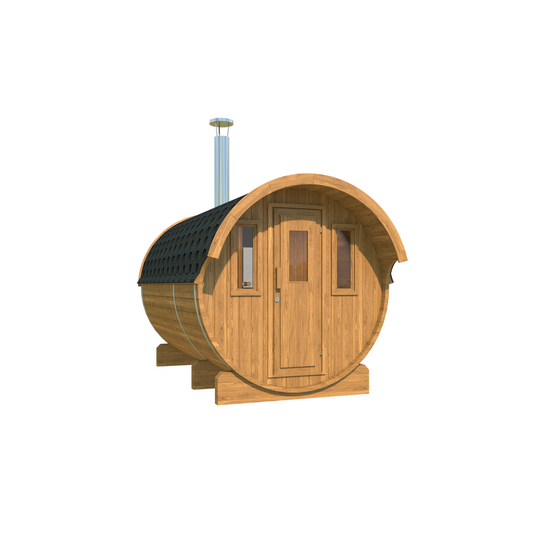 Barrel Sauna 330 with Overhang — Thermowood, Sheltered Entrance 3.3m — thermowood — angle view 1