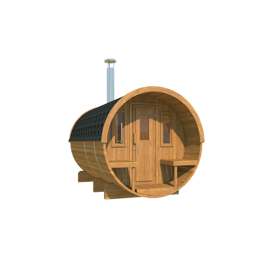 Barrel Sauna 330 with Terrace — Thermowood Sauna & Seating, 3.3m — thermowood — angle view 1