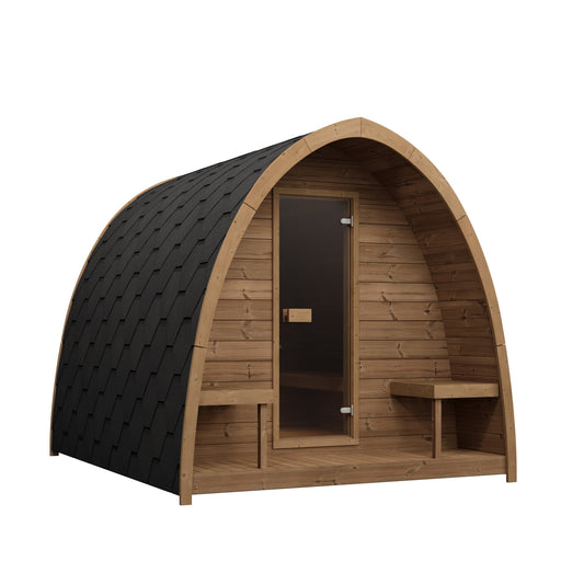 Outdoor Sauna Pod 300 — Arched Thermowood Sauna, Glass Door 3m — thermowood — angle view 1