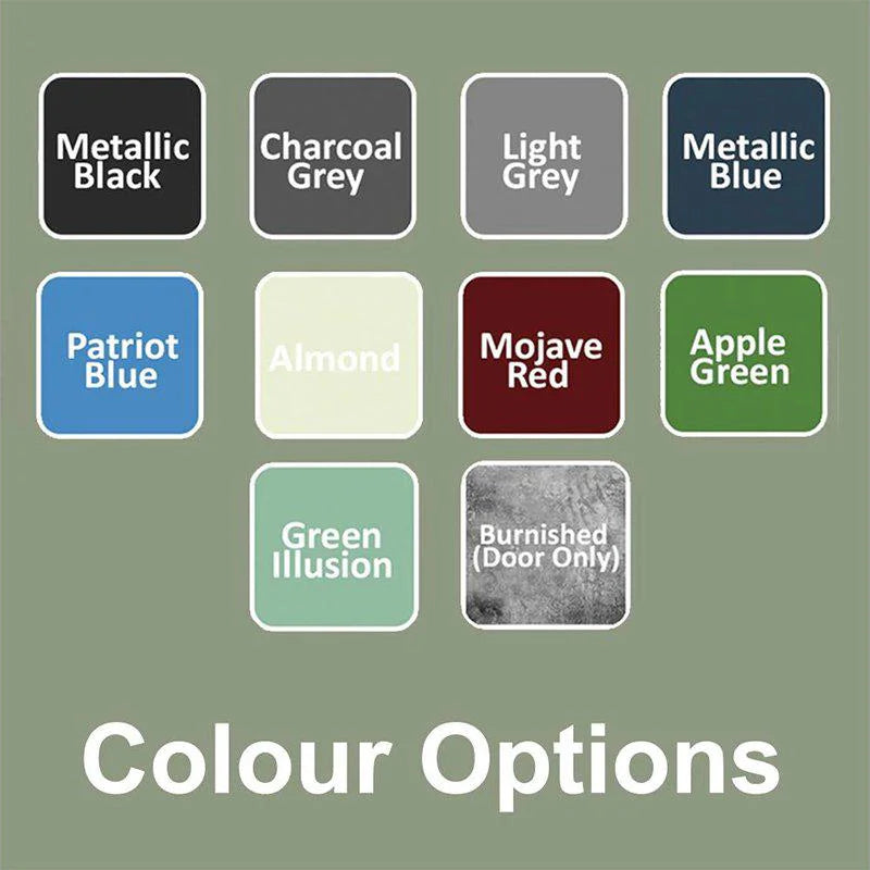Color swatches with labels on a green background, labeled 'Colour Options'.