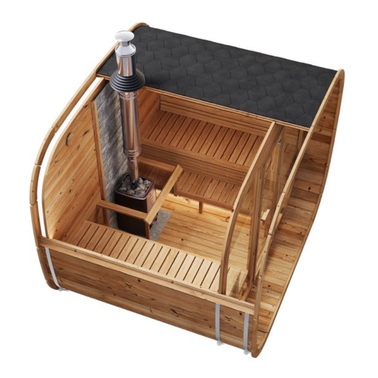 vista 240 deluxe thermowood with glass front 6 person outdoor cube sauna product exterior view