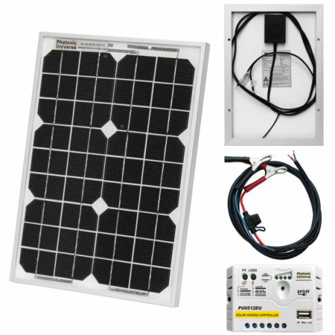 10W 12V solar trickle charging kit with 5A solar controller and battery cable with crocodile clips product exterior view