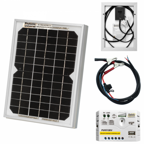 5W 12V solar trickle charging kit with 5A solar controller and battery cable with crocodile clips product exterior view