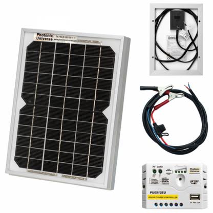 5W 12V solar trickle charging kit with 5A solar controller and battery cable with crocodile clips product exterior view