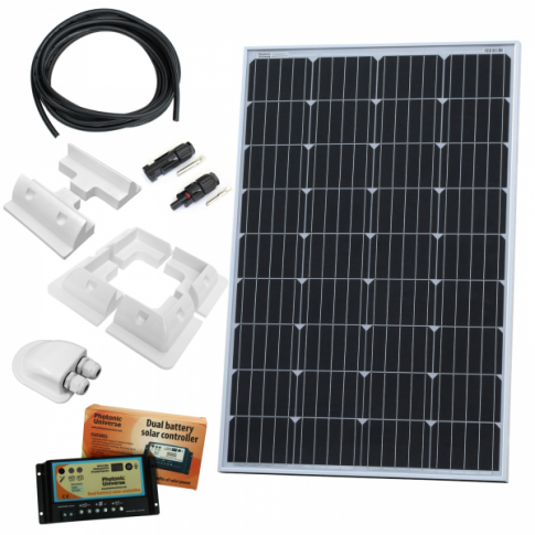 120W 12V dual battery solar charging kit with 10A controller, mounting brackets and cables product exterior view