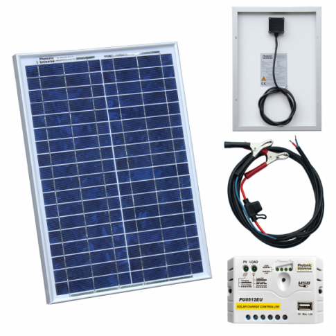 20W 12V solar charging kit with 5A solar controller and battery cable with crocodile clips product exterior view
