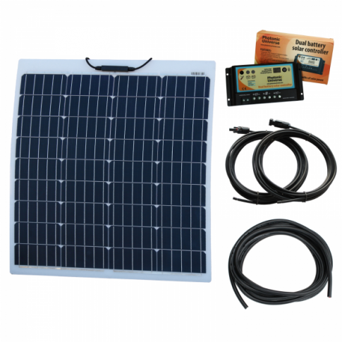 80W 12V Reinforced semi-flexible dual battery solar charging kit product exterior view