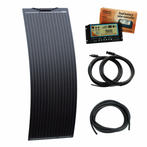 130W 12V narrow semi-flexible dual battery solar charging kit product exterior view