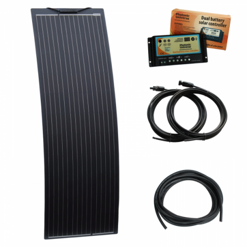 150W 12V narrow semi-flexible dual battery solar charging kit product exterior view