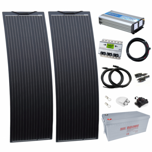 1.5kW complete van conversion kit with 2 x 150W black narrow semi-flexible solar panel, 200Ah 12V battery and 1500W 230V pure