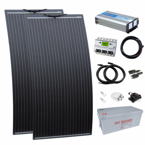 2kW complete van conversion kit with 2 x 160W black semi-flexible solar panel, 200Ah 12V battery and 2000W 230V pure sine wav