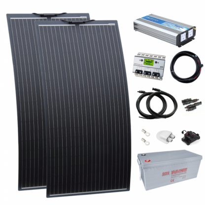 3kW complete van conversion kit with 2 x 160W black semi-flexible solar panel, 200Ah 12V battery and 3000W 230V pure sine wav