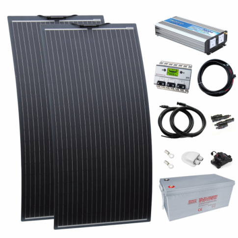 3kW complete van conversion kit with 2 x 160W black semi-flexible solar panel, 200Ah 12V battery and 3000W 230V pure sine wav