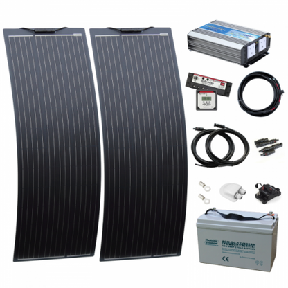 1kW complete dual battery van conversion kit with 2 x 130W black narrow semi-flexible solar panels, 100Ah 12V battery and 100