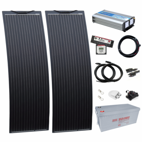 1.5kW complete dual battery van conversion kit with 2 x 150W black narrow semi-flexible solar panels, 200Ah 12V battery and 1