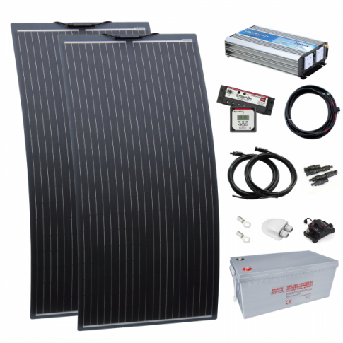 2kW complete dual battery van conversion kit with 2 x 160W black semi-flexible solar panels, 200Ah 12V battery and 2000W 230V
