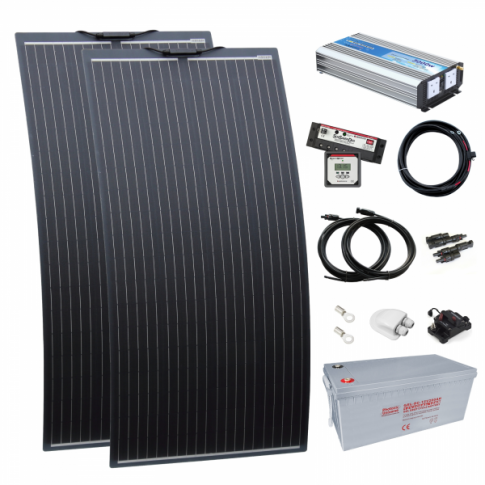 3kW complete dual battery van conversion kit with 2 x 160W black semi-flexible solar panels, 200Ah 12V battery and 3000W 230V