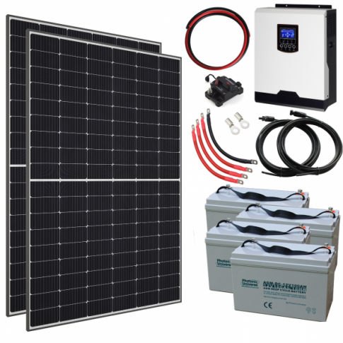 820W 24V Complete Off-grid solar power system with 2 x 410W Sharp solar panels, 3kW hybrid inverter and 4 x 100Ah batteries p