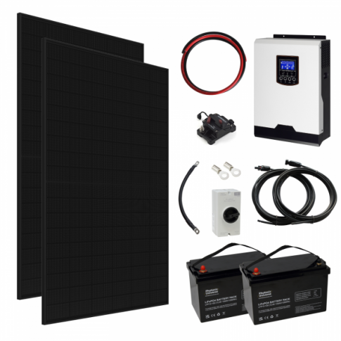 2kW Complete Off-Grid Solar Power System with 2 × 430W Sharp Solar Panels, 2kW Hybrid Inverter and 2 × 100Ah Lithium Batteries