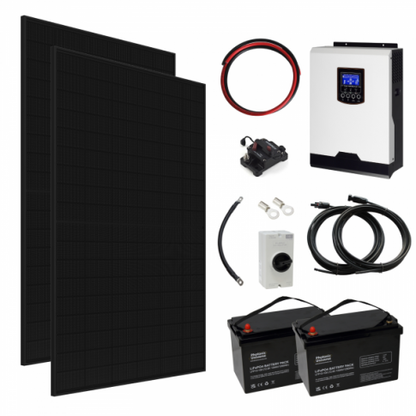 2kW Complete Off-Grid Solar Power System with 2 × 430W Sharp Solar Panels, 2kW Hybrid Inverter and 2 × 100Ah Lithium Batteries