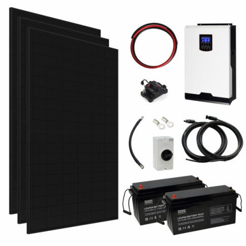 3kW Complete Off-Grid Solar Power System with 3 × 430W Sharp Solar Panels, 3kW Hybrid Inverter and 2 × 200Ah Lithium Batteries