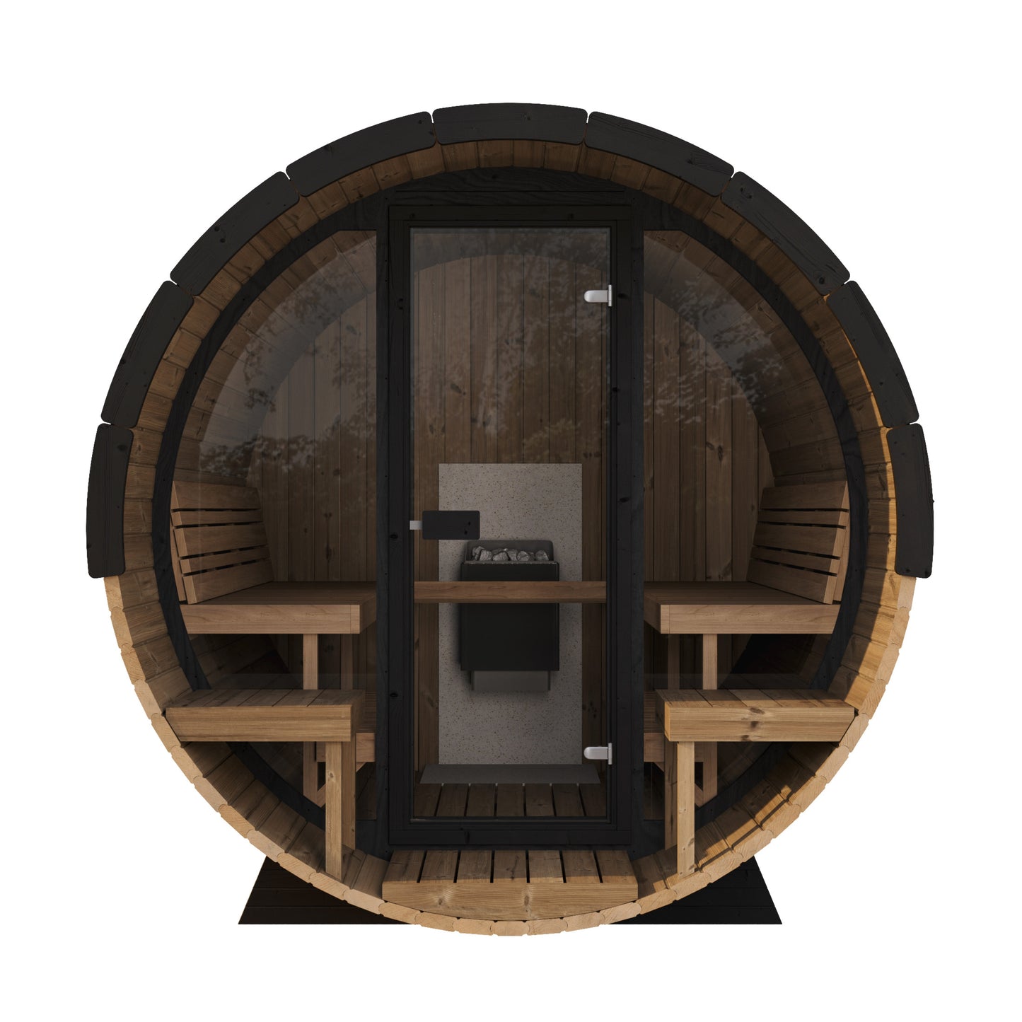 charnia 280 classic 6 person outdoor barrel sauna with terrace product exterior view — view 8