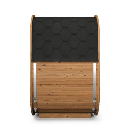 beacon 125 mini deluxe thermowood with glass front 2 person outdoor cube sauna cutaway render