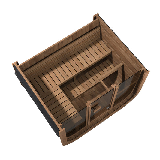 beacon 160 plus deluxe thermowood with glass front 4 person outdoor cube sauna product exterior view