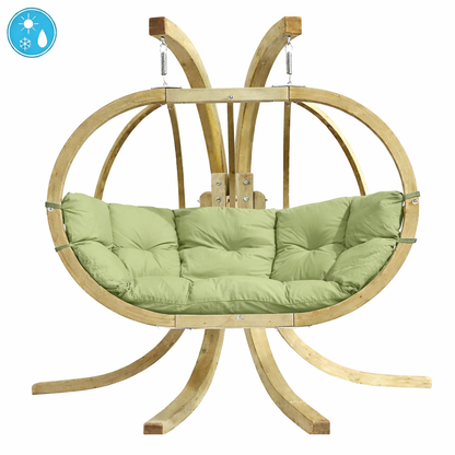 Hanging chair with green cushions and wooden frame on a white background