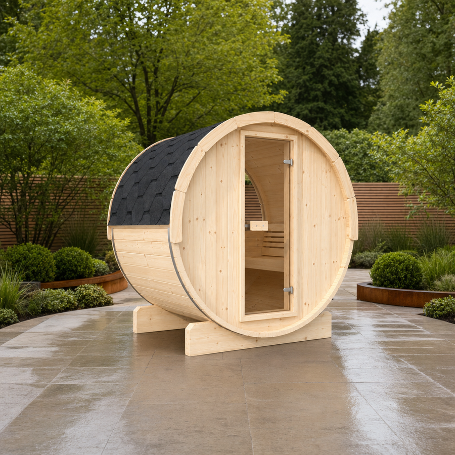 Barrel Sauna Ergo 150 — 2 Person Spruce Garden Sauna, Ergonomic Benches & Backrests, 1.5m