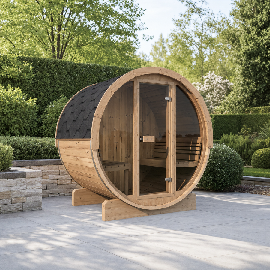 Barrel Sauna Ergo 150 — 2 Person Thermowood Garden Sauna, Ergonomic Benches & Backrests, 1.5m