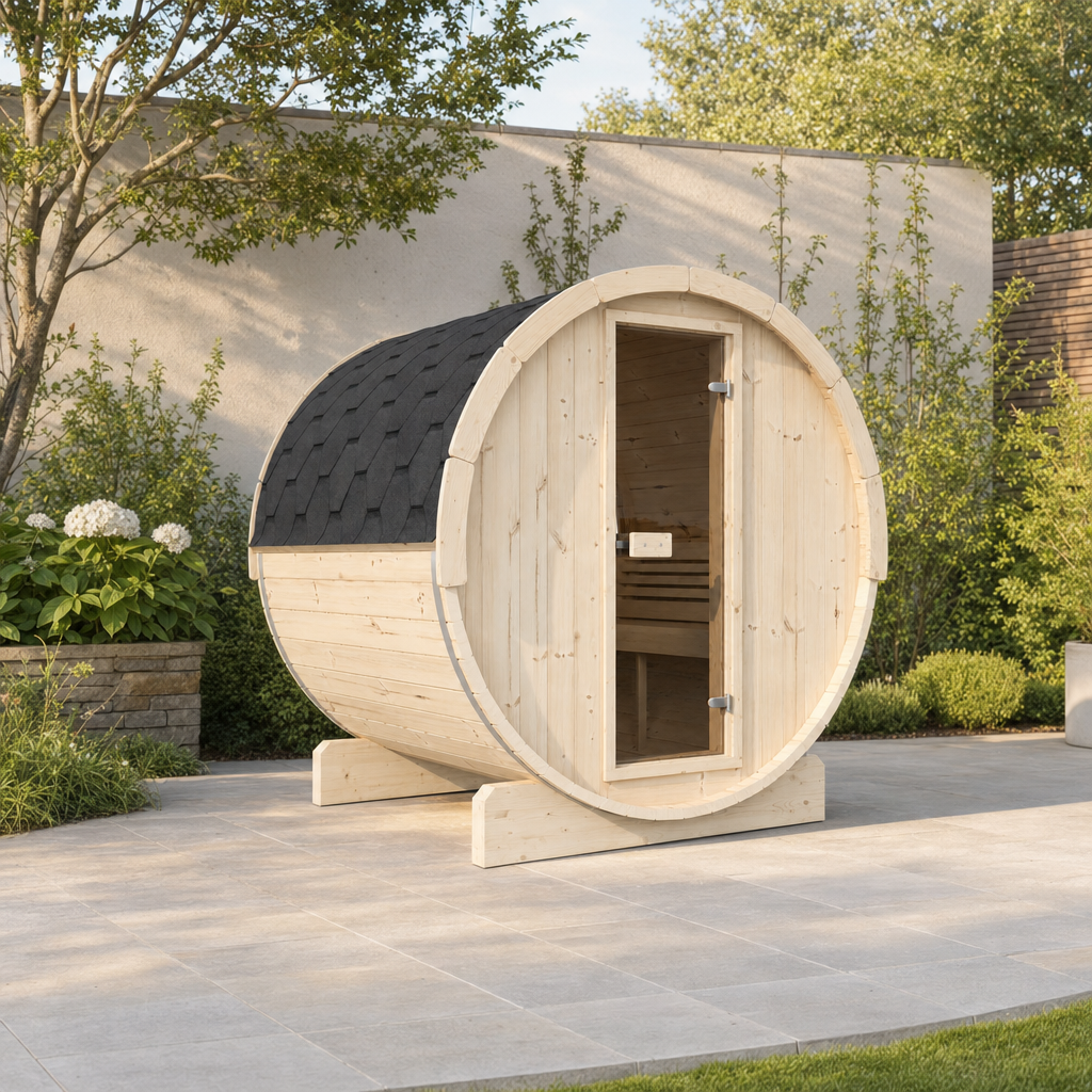 Barrel Sauna Ergo 180 — 2–3 Person Spruce Garden Sauna, Ergonomic Benches & Backrests, 1.8m