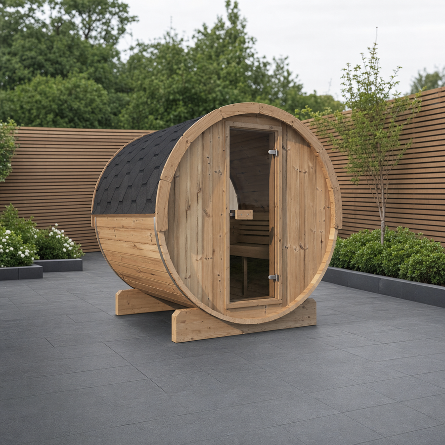 Barrel Sauna Ergo 180 — 2–3 Person Thermowood Garden Sauna, Ergonomic Benches & Backrests, 1.8m