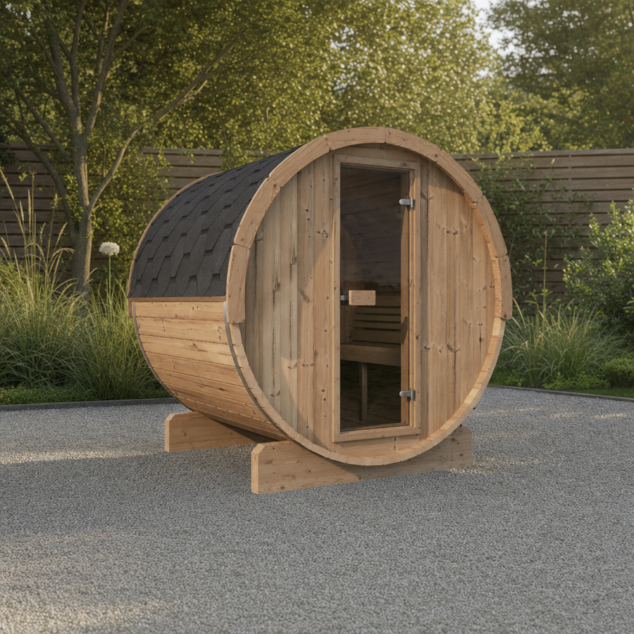 Barrel Sauna Ergo 180 — 2–3 Person Thermowood Garden Sauna, Ergonomic Benches & Backrests, 1.8m