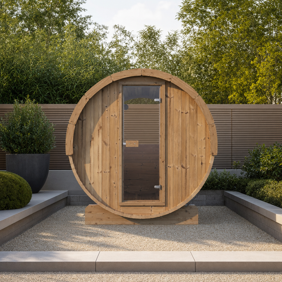 Barrel Sauna Ergo 180 — 2–3 Person Thermowood Garden Sauna, Ergonomic Benches & Backrests, 1.8m