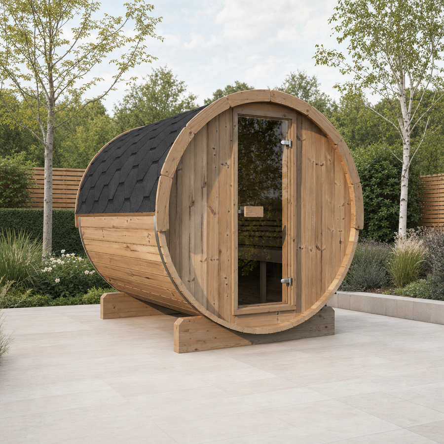 Barrel Sauna Ergo 220 — 4–5 Person Thermowood Garden Sauna, Ergonomic Benches & Backrests, 2.2m