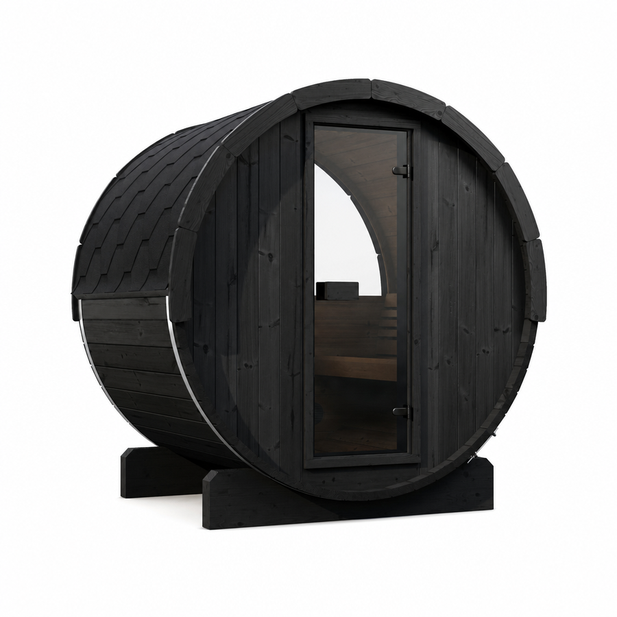 Barrel Sauna Ergo 150 — 1-2 Person Thermowood Sauna, 1.5m — black finish option — angle view 1