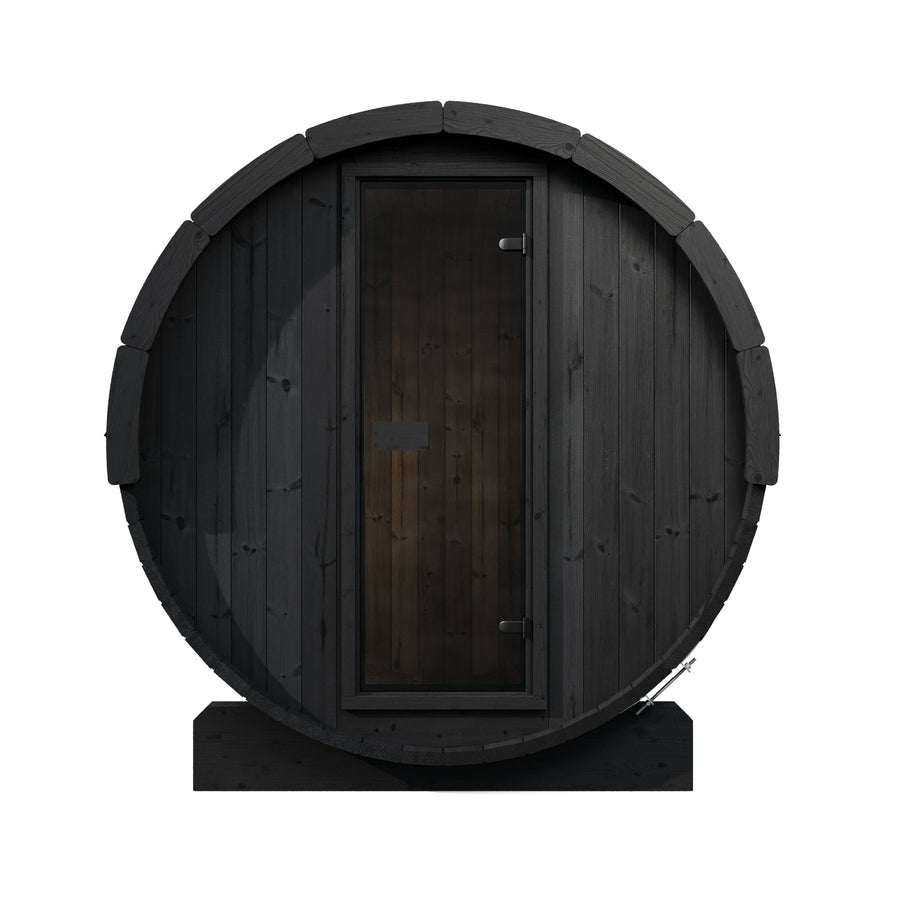 Barrel Sauna Ergo 150 — 1-2 Person Thermowood Sauna, 1.5m — black finish option — front view 1