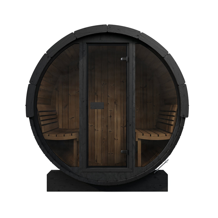 Barrel Sauna Ergo 150 — 1-2 Person Spruce Garden Sauna, 1.5m — black finish option — front view 2