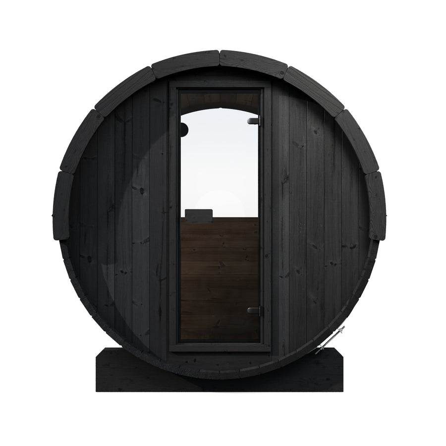 Barrel Sauna Ergo 150 — 1-2 Person Thermowood Sauna, 1.5m — black finish option — front view 3