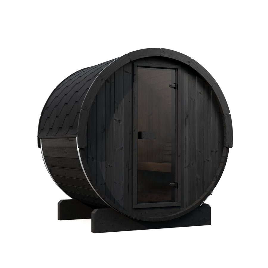 Barrel Sauna Ergo 150 — 1-2 Person Spruce Garden Sauna, 1.5m — black finish option — side view 1