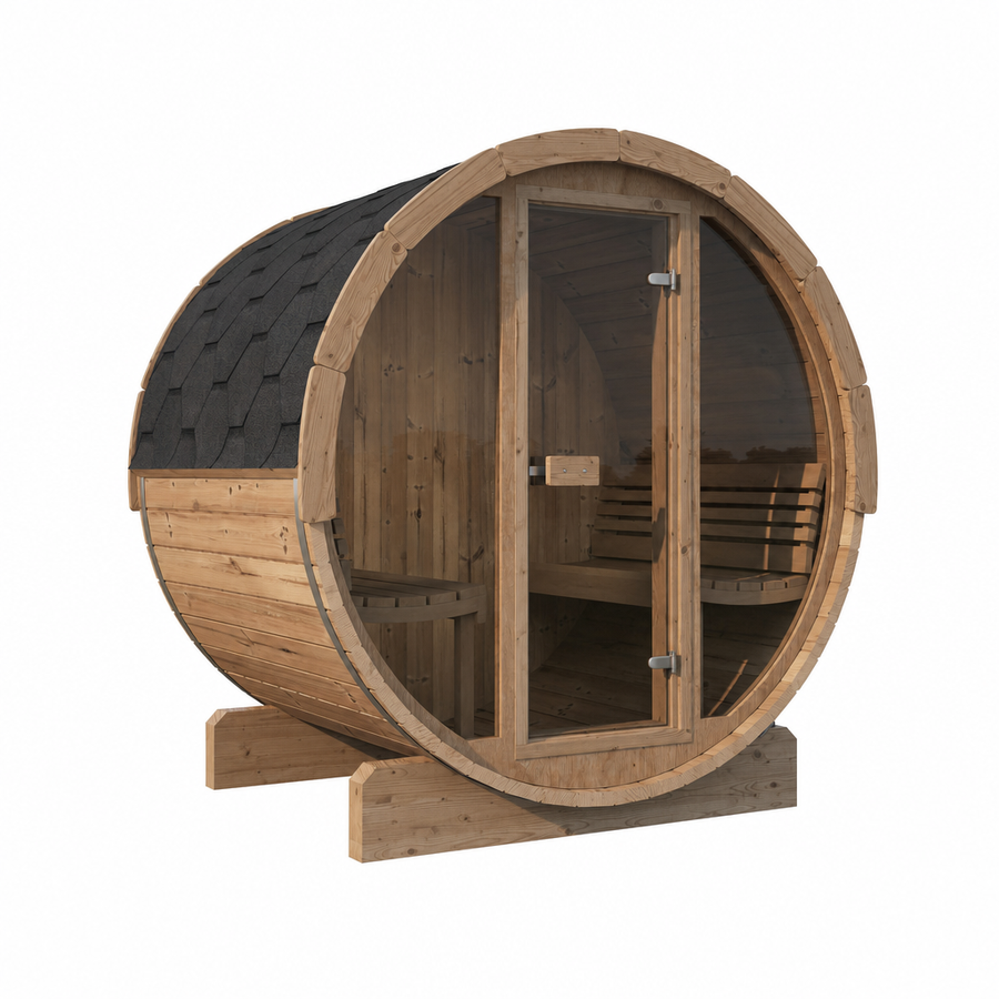 Barrel Sauna Ergo 150 — 1-2 Person Thermowood Sauna, 1.5m — thermowood — angle view 1