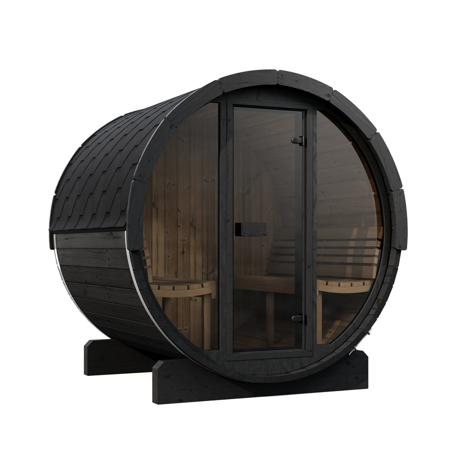 Barrel Sauna Ergo 180 — Spruce Garden Sauna with Room to Recline, 1.8m — painted finish option — angle view 1